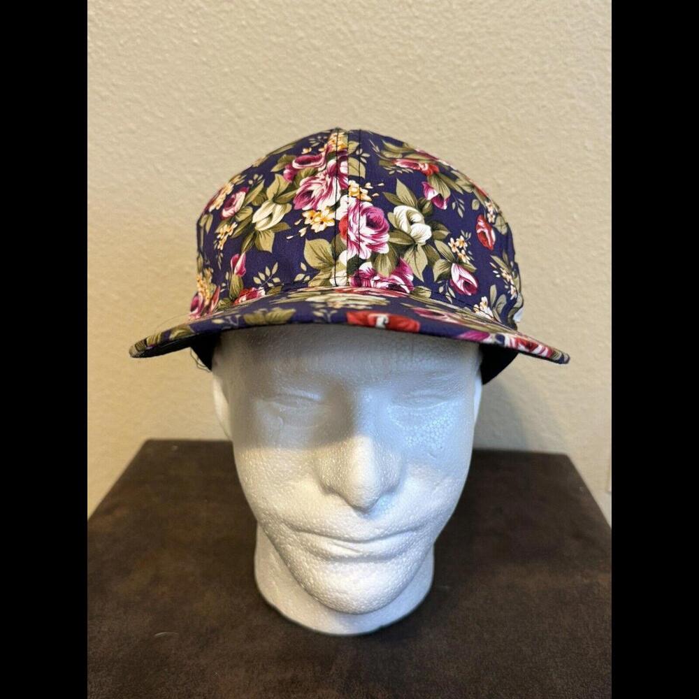 Vtg Floral Snap Back Cap Hat Turquois Pink Souvenir Malibu Hawaiian Tropical EUC